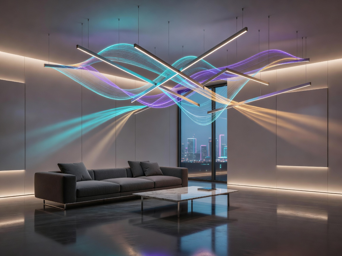 Futuristic smart lighting installation in a modern living room