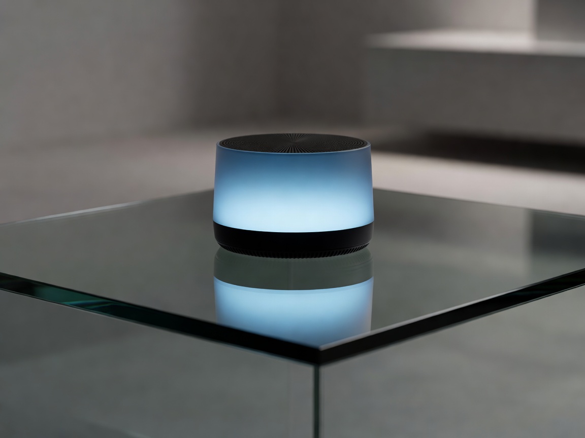 Glowing smart speaker on a reflective glass table