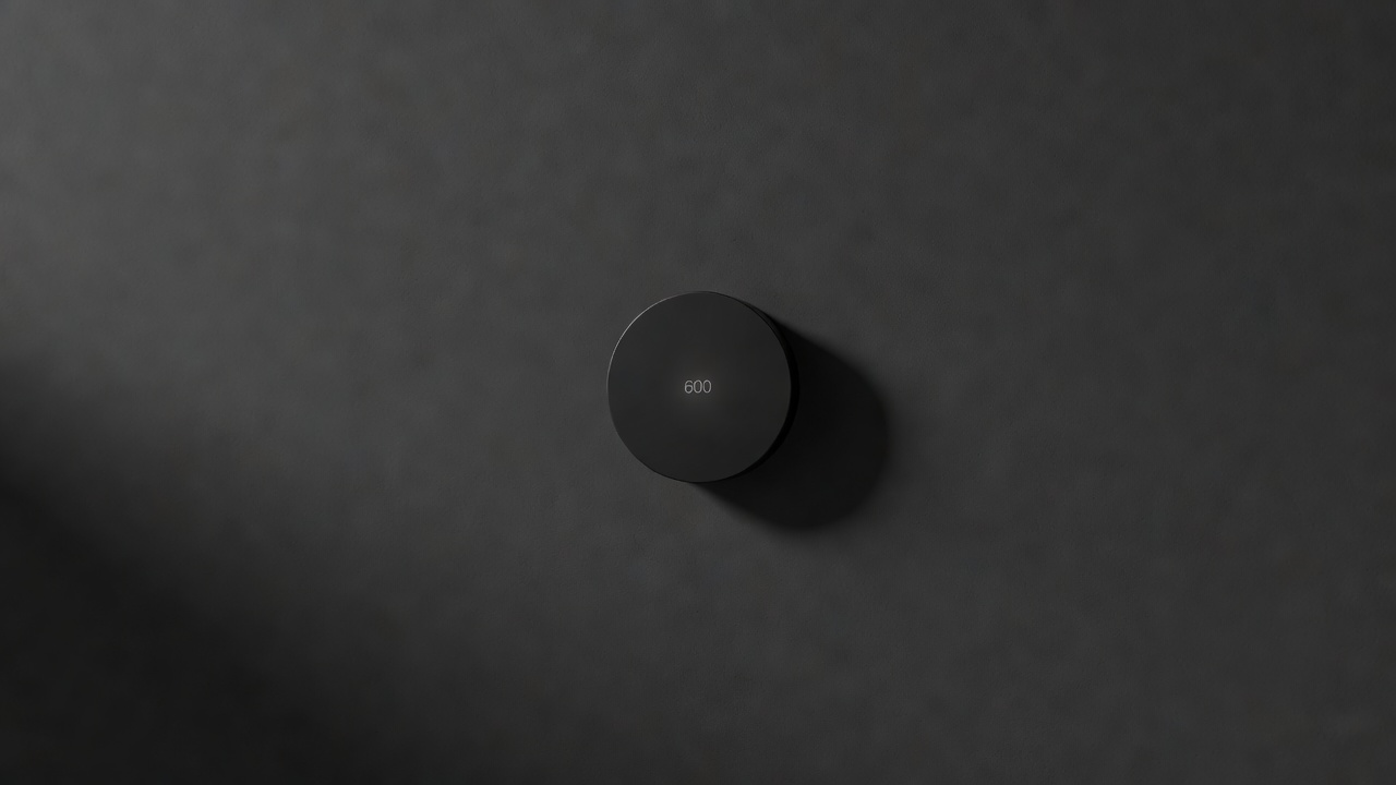 Minimalist smart thermostat displaying temperature on a dark wall