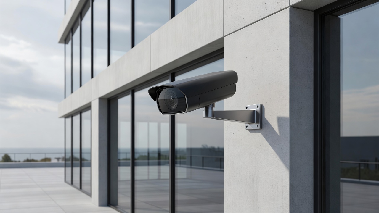 Sleek outdoor security camera mounted on a modern facade